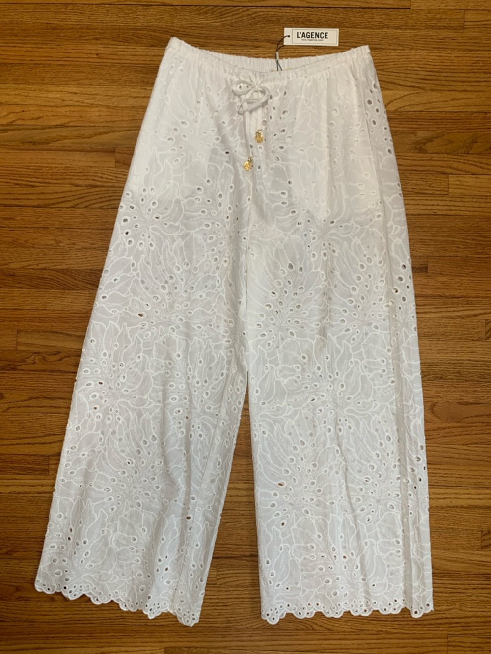 L’AGENCE beach pants - white cotton eyelet swim coverup pants, Geraldine